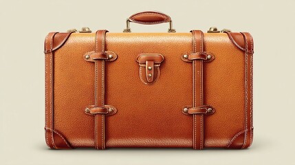 Vintage tan leather suitcase, front view,  featuring intricate brass hardware and stitching