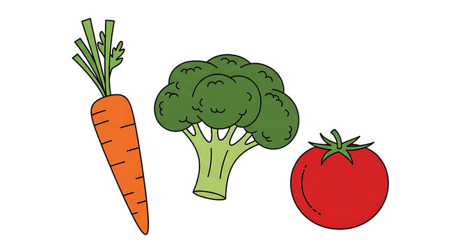 Cartoon vegetables featuring a vibrant carrot broccoli and tomato isolated on white background