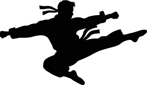 the karate kids silhouette a dynamic flying kick, power, and grace, isolated on transparent background