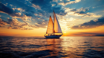 A sailboat with a large sail sailing on the ocean at sunset.