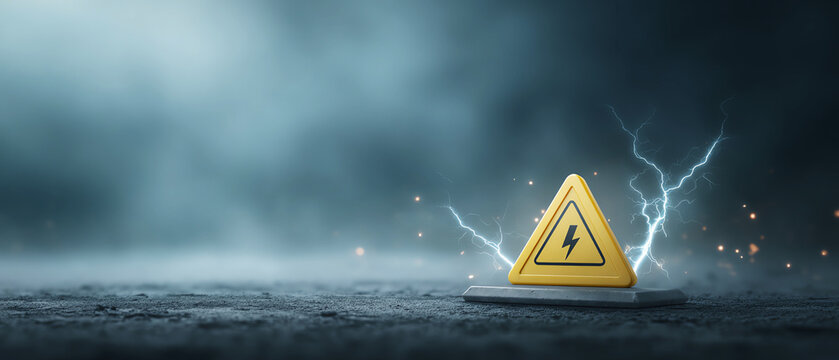 Yellow electrical hazard sign warning electricity danger caution symbol safety alert outdoor dramatic energy risk power lightning storm wet ground