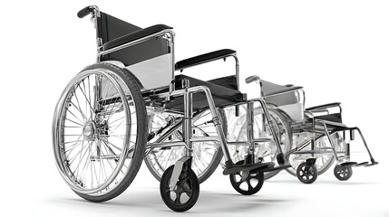 Fototapeta premium Row of Empty Shiny Chrome Wheelchairs on White Background, Disability Aid Equipment
