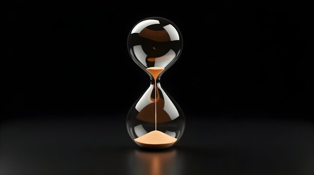 Elegant glass hourglass with golden sand flowing down against a dark background, a classic symbol of the passage of time, deadlines, and urgency