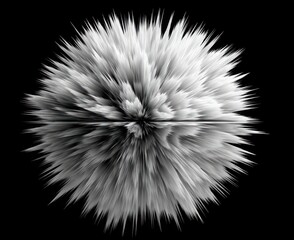 Abstract sphere of spiky shapes in shades of white and gray, mirrored along a horizontal axis, against a solid black background