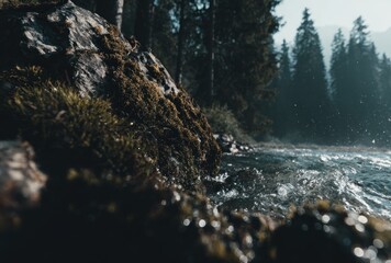 Mossy rocks meet a clear river edged by trees, creating a serene and slightly blurred waterscape. Light sparkles on the rippling surface