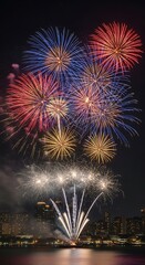 Spectacular fireworks display over a city skyline illuminates the night sky with vibrant colors.