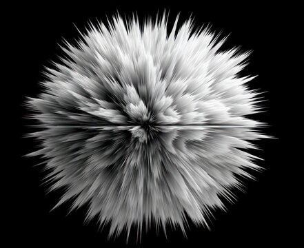 Abstract sphere of spiky shapes in shades of white and gray, mirrored along a horizontal axis, against a solid black background