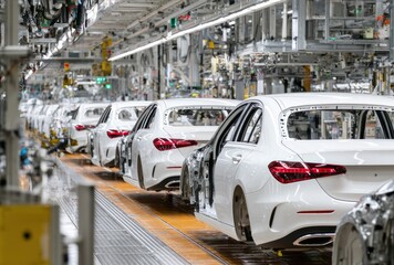 White car bodies advance down a light orange assembly line in a factory. Gantry lines above add a structured complexity