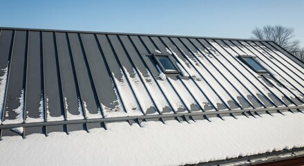 Fototapeta premium Snowy Metal Roof with Skylights
