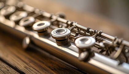 Obraz premium Close-up view of a polished silver flute, showcasing intricate key mechanisms and a warm, natural light.
