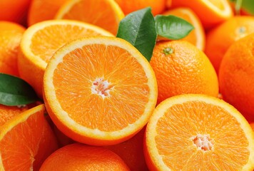 A vibrant close-up features several juicy oranges, some halved, showing their bright orange flesh. Green leaves accent the fruit's textured surface