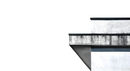 Abstract architectural details of a concrete structure against a stark black background.