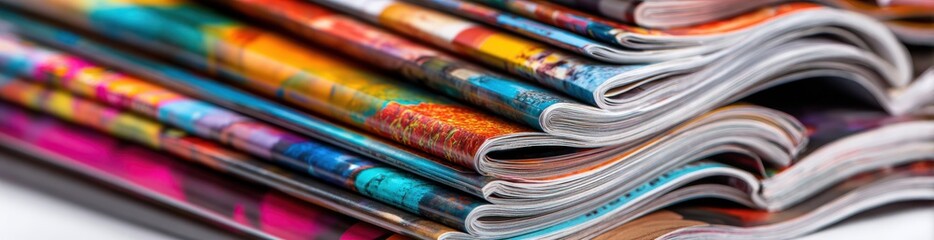 Stacked magazines, blurred, showing colored covers and white edges of pages in a close up, with shallow depth of field