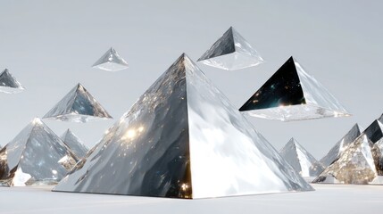 Abstract crystal pyramids floating against a soft white background. Subtle internal reflections & refraction of light