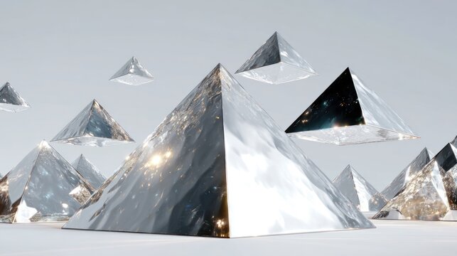 Abstract crystal pyramids floating against a soft white background. Subtle internal reflections & refraction of light