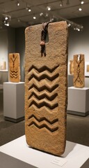 Carved stone slab with repeating zig-zag patterns.
