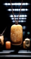 Amber-colored pendant hanging on a brown leather cord.