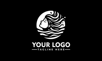 Serene woman's profile, hair flowing like ocean waves, encircled in a minimalist logo design.