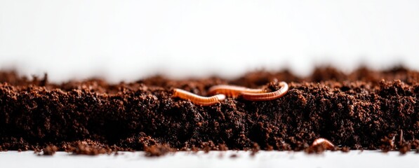 Worms crawl in dark soil, close-up shot against a white backdrop, showcasing detail of texture and color
