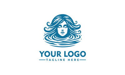 Serene woman's face emerging from swirling water, elegant logo design.