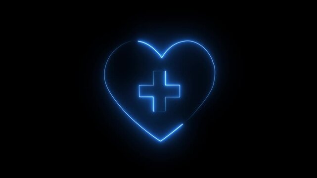 Neon Heart with Medical Cross, Glowing Medical Symbol with Heart .glowing neon love + icon with blue and rad line animation on a black background.4K