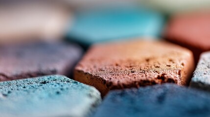 Close-up of weathered, hexagonal tile pieces showing varying colors in a grid formation, textural and slightly rough