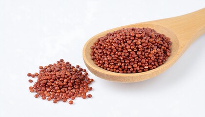 Red quinoa grains in wooden spoon and scattered on white background healthy superfood ingredient.