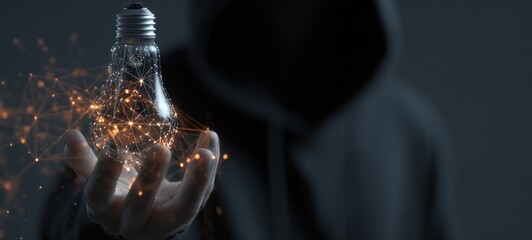Person in a hoodie holds a glowing, webbed lightbulb in hand. Dark, mysterious, with connections visualized around