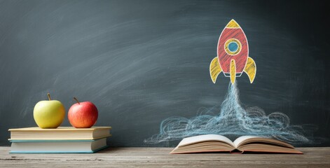Two apples atop books sit near an open book, with a chalk rocket launching upward against a slate background