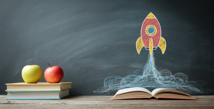 Two apples atop books sit near an open book, with a chalk rocket launching upward against a slate background