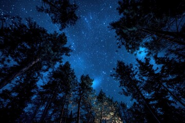 Night sky through dark forest canopy