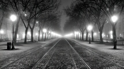B&W park avenue with lamps lining the fog-shrouded path, leading into distance with trees on both sides
