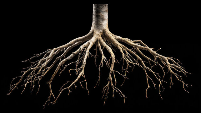 A tree trunk with multiple branches and roots against a black background.