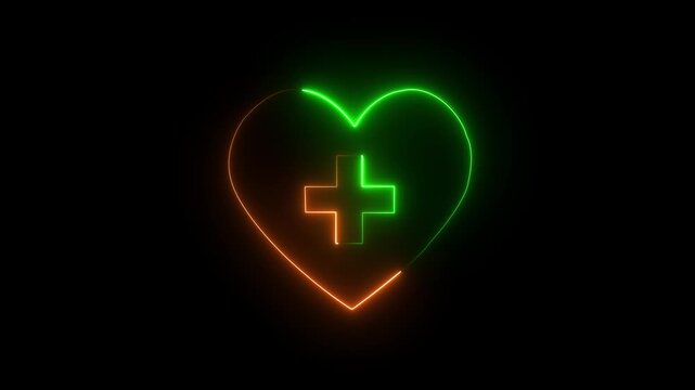 Neon Heart with Medical Cross, Glowing Medical Symbol with Heart .glowing neon love + icon with blue and rad line animation on a black background.4K
