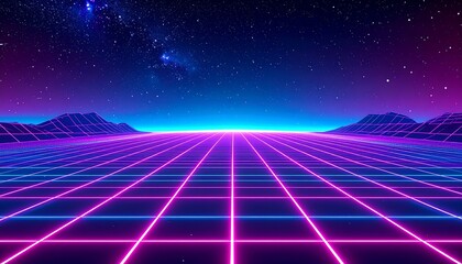 Retro Futuristic Neon Grid Landscape at Night.