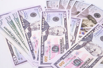 Pile of Fifty Dollar Bills - United States Currency, Financial Wealth, and Economic Abundance.