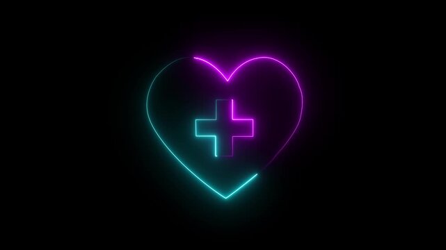 Neon Heart with Medical Cross, Glowing Medical Symbol with Heart .glowing neon love + icon with blue and rad line animation on a black background.4K