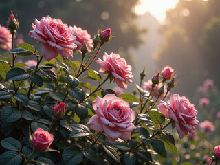 Obraz premium Morning dew on rose bushes with soft light,Glittering dew enhances the delicate beauty of roses at sunrise.