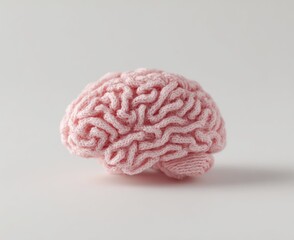 Knitted pink brain model with intricate folds, casting a soft shadow on a plain white surface