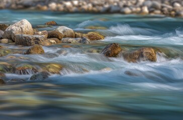 A river flows over and around rocks, the flowing water captured with a long exposure, creating a smooth, blurred motion effect