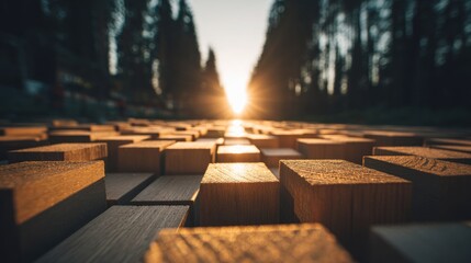 A low-angle view across textured wood blocks toward a distant, bright horizon with trees on either side