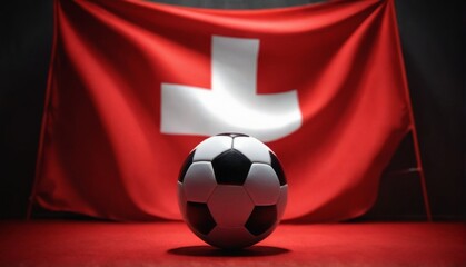 Soccer ball in front of waving red flag with white cross, creating dramatic contrast in dimly lit setting.