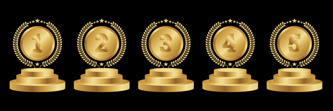 Set of Golden Number Award on Podium Stage. Number Ranking 1 2 3 4 5. Vector Illustration Isolated on White Background. Award, podium ,trophy, badge, emblem, label, vector.