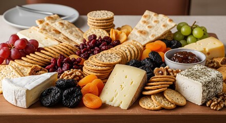 Assortment of gourmet cheeses, crackers, dried fruits, and nuts on board.