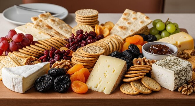 Assortment of gourmet cheeses, crackers, dried fruits, and nuts on board. - Powered by Adobe