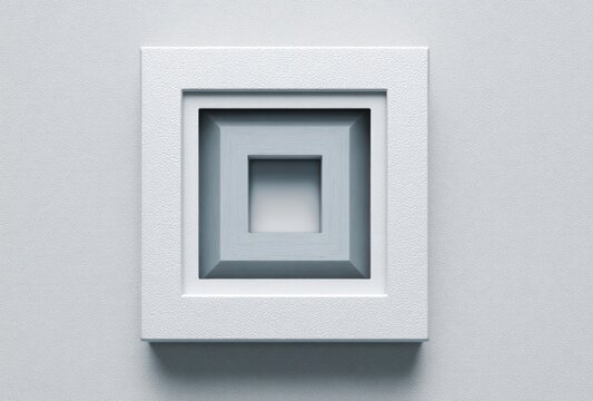 Concentric squares, light to dark, recessed in a white frame, on a white textured surface. Top view, minimalist art - Powered by Adobe