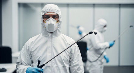 Professional disinfection team in protective gear, disinfecting a modern office space.