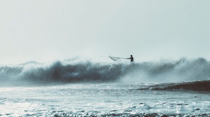 Surfing Enthusiast Catches Waves While Using a Fishing Net During a Cloudy Afternoon on a Windy Beach