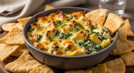 A warm bowl of baked spinach artichoke dip and toasted pita bread.
