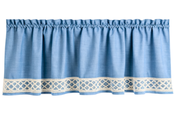Blue kitchen valance curtain with decorative white lace trim isolated with transparent background